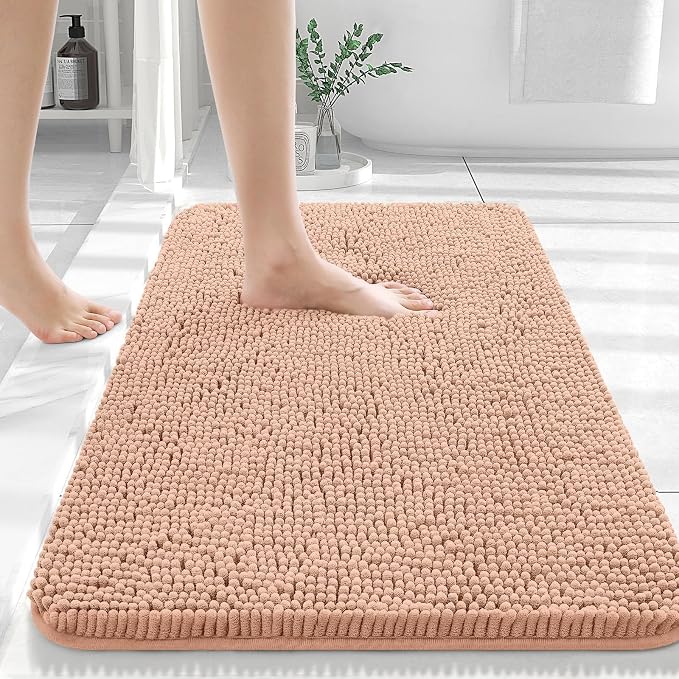OLANLY Large Bathroom Rugs 44x32, Extra Soft Absorbent Chenille Bath Rugs, Rubber Backing Quick Dry, Machine Washable Bath Mats for Bathroom Floor, Tub and Shower, Home Decor Accessories, Peach
