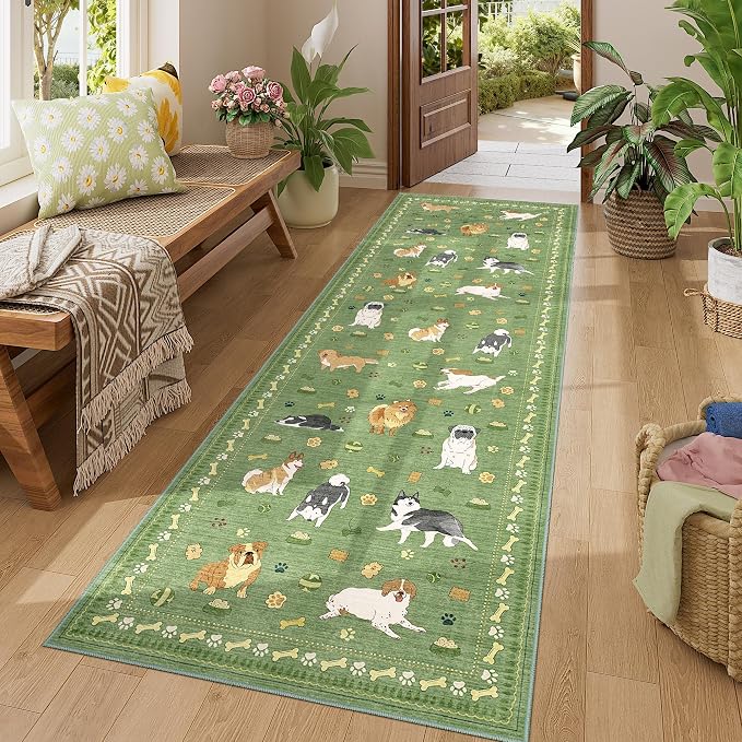 DUKINO 2.6x8 Washable Runner Rug for Hallway, Non Slip Animal Dog Kitchen Rug with Low Pile Design, Ultra Soft & Stain Resistant Indoor Carpert Runner for Entryway, Bedroom, Laundry, Bathroom, Green