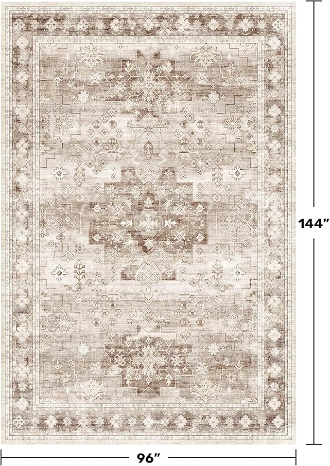 Beige Boho Rug for Living Room 8x12 - Washable Dining Room Rugs for Under Table, Vintage Low Pile Carpet for Bedroom, Non-Slip Farmhouse Large Thin Carpet for High Traffic Area (8x12 Beige/Latte)