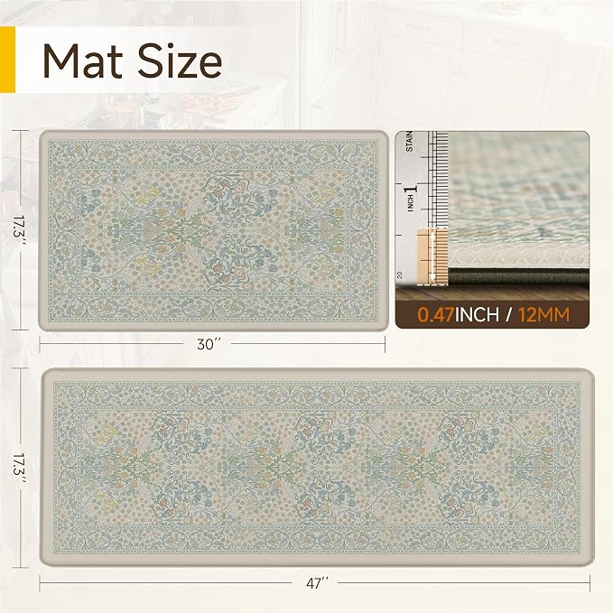Kitchen Mats for Floor Thick Anti Fatigue Waterproof Vintage Spring Floral Kitchen Rugs 2PCS Cushioned Non Blue Comfort Standing Mats for Sink Laundry Office 17.3"×47"+17.3"×30"