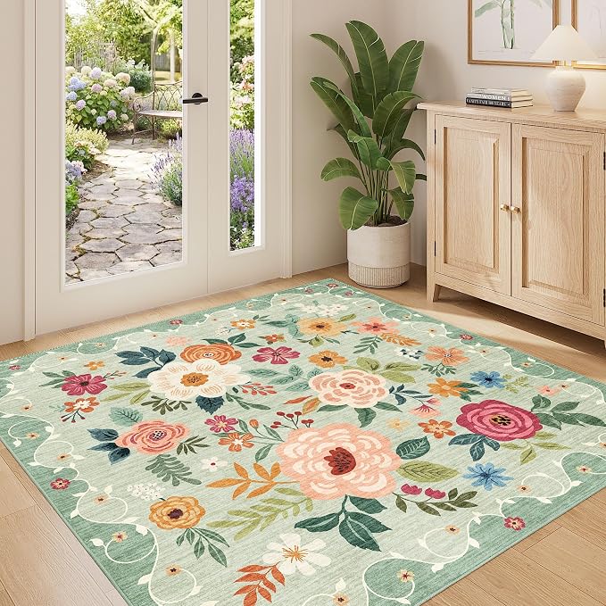 DUKINO 4x4 Square Area Rug, Floral Indoor Floor Washable Entryway Rug with Low Pile Design, Boho Non Slip Thin Doormat Carpet for Kitchen, Bedroom, Living Room, Office, Kids Playroom, Green