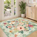 DUKINO 4x4 Square Area Rug, Floral Indoor Floor Washable Entryway Rug with Low Pile Design, Boho Non Slip Thin Doormat Carpet for Kitchen, Bedroom, Living Room, Office, Kids Playroom, Green