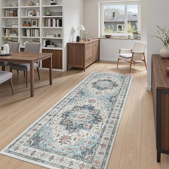 Madane Hallway Runner 3x8, Kitchen Rugs Washable Entryway Rug Vintage Kitchen Runners Non Slip Indoor Area Rug Farmhouse Carpet Runner for Bathroom Living Room Bedroom (3 X 8, Blue)