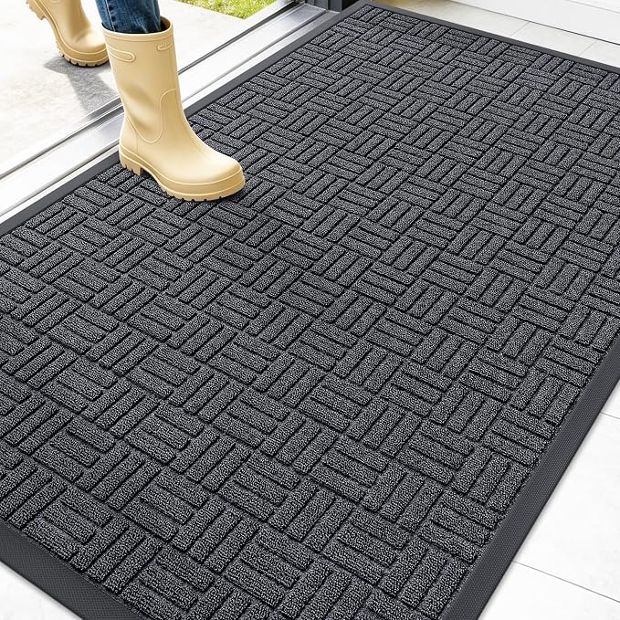 OLANLY Front Door Mat Outside Entrance 47x32, Absorbent, Heavy Duty Sturdy Natural Rubber Doormat Indoor Outdoor, Non-Slip, Stain and Fade Resistant, Low Profile Floor Mat for Entryway, Black Gray