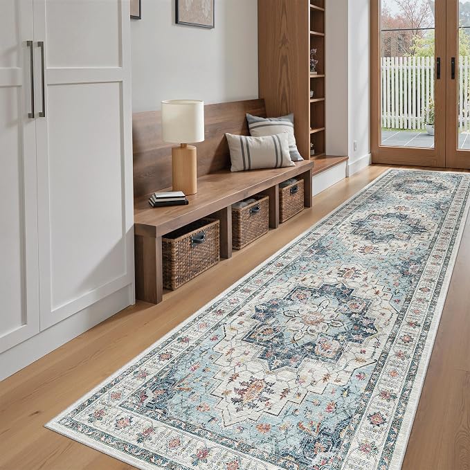 Madane Hallway Runner Rug 2'6''x10' Kitchen Runner, Non Slip Vintage Runners for Hallways Washable Kitchen Rugs Soft Low Pile 2.5x10 ft Rug Runner for Laundry Room, Entryway and Bedroom, Blue
