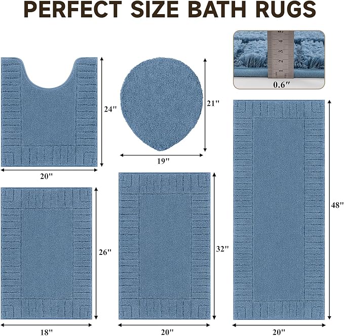 Pauwer Bathroom Rugs Set 5 Piece Non Slip Washable Bath Mat Set with U Shaped Contour Toilet Rugs Plush Absorbent Microfiber Shower Mat and Toilet Lid Cover for Bathroom, Blue