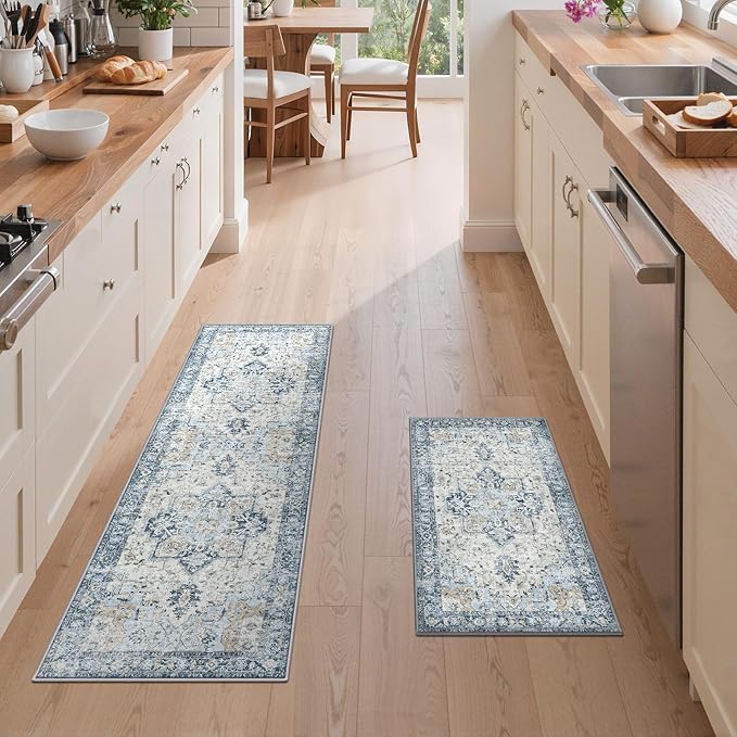 GENIMO Kitchen Rugs Non Slip Washable, 2PCS Kitchen Mats for Floor, Cushioned Standing Mat, Kitchen Runner Rug Floor Mat for Kitchen Decor, Laundry, Sink, Entryway, Home, 20"x32"+20"x59", Blue