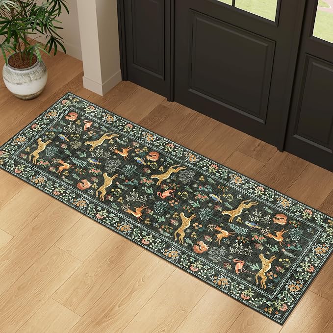 DUKINO 2x5 Rug for Hallway, Washable Kitchen Runner Rug with Non Slip Backing, Soft Low Pile Vintage Animal Runner for Bedroom, Kitchen, Hallway, Entryway, Laundry, Black