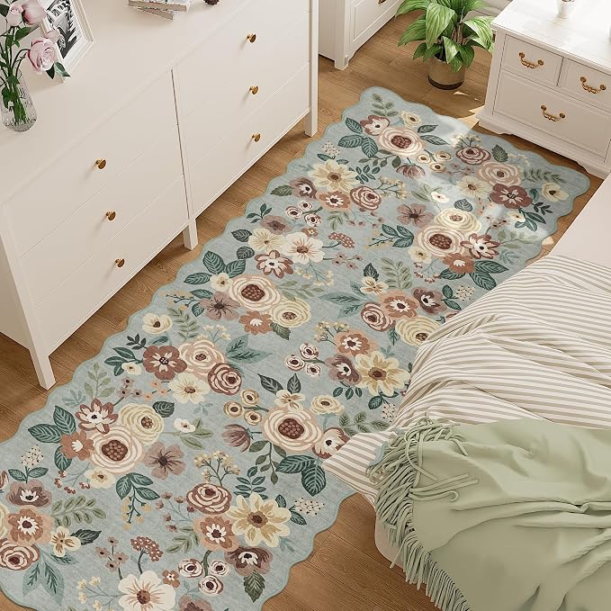 DUKINO 2x10 Runner Rug for Hallway, Washable Kitchen Rug with Non Slip Backing & Non-Shediing, Soft Low Pile Floral Design Runner for Bedroom, Kithchen, Living Room, Laundry, Bathroom, Sage Green