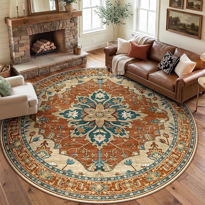 RELEANY Area Rugs Round 8ft Washable Non-Slip, Floral Vintage Distress Medallion Carpet for Living Room Bedroom Dining Room, Red Orange Blue Brown