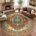 RELEANY Area Rugs Round 8ft Washable Non-Slip, Floral Vintage Distress Medallion Carpet for Living Room Bedroom Dining Room, Red Orange Blue Brown