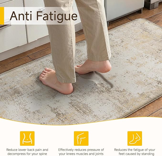 Kitchen Mats for Floor Set of 2 Thick Anti Fatigue Waterproof Kitchen Rug Beige Grey Abstract Cushioned Non-Slip Comfort Standing Mat for Sink Laundry Office 17.3"×47"+17.3"×30"