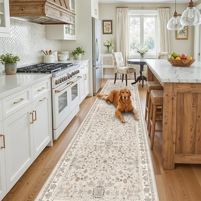3x12 ft Long Kitchen Runner Rug - Non-Slip Washable Hallway Rug with Rubber Backing,Boho Floral Soft Low Pile Floor Carpet Runner for Entryway,Bedroom,Living Room（Beige,3x12）