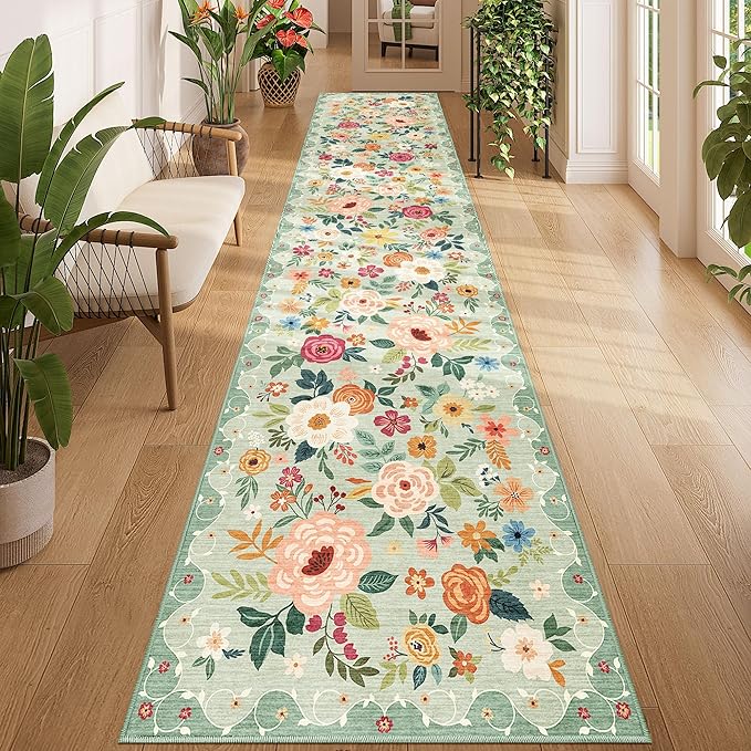 DUKINO 2.6x12 Kitchen Runner Rug, Lightweight Floral Washable Rug for Hallway, Boho Low Pile & Non Slip Backing Soft Floor Carpet for Entryway, Bedroom, Bathroom, Laundry, Green