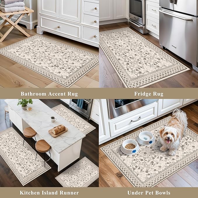 3-Piece Kitchen Rugs Set for Floor, Washable Non-Slip Farmhouse Kitchen Mats for Hardwood Floor, Rustic Floral Boho Runner Rug for Sink,Entryway & Hallway & Bathroom (Beige/Brown/Floral,2x3-2x4-2x5)