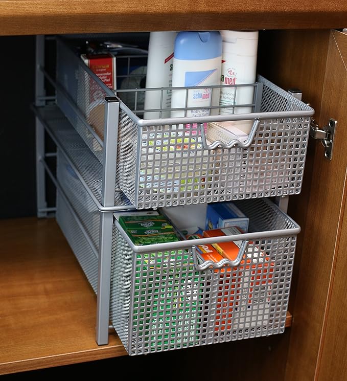 Deco Brothers Stackable Pull Out Cabinet Sliding Basket with Dividers, Large, Silver