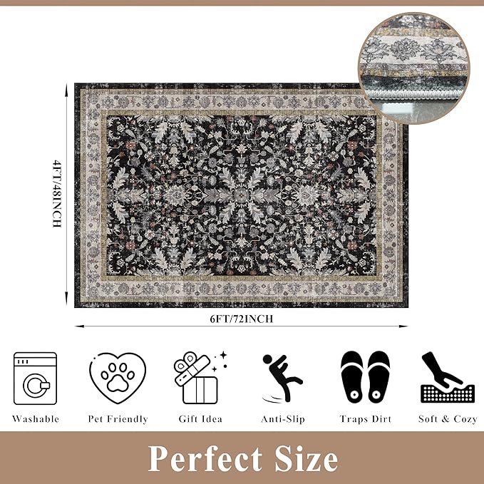 4x6 Kitchen Rug Non-Slip Washable – Boho Vintage Low-Pile Soft Area Carpet for Entryway, Bedroom, Living Room – Stain-Resistant Thin Indoor Rug for Families and Pet Owners (Black, 4x6)