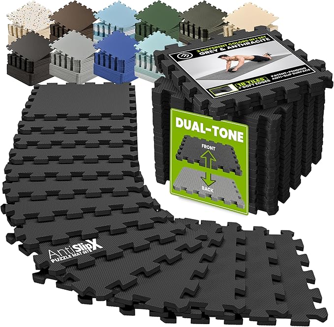 bemaxx Gym Mats Set - 18 pcs EVA Interlocking Foam Floor Tiles (12.6"x12.6"x0.4") 18sqft Protective Gym Flooring Sports Home Workout Exercise Mats Puzzle Garage Fitness Play-Room Pool Treadmill Bike