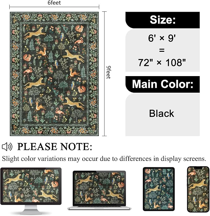 DUKINO 6x9 Rug, Washable Animal Living Room Rug with Non Slip Vintage Design, Soft Low Pile Large Carpet for Bedroom, Nursery, Dining Room, Farmhouse, Playroom, Black
