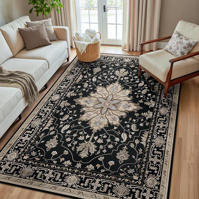 RELEANY Area Rugs 5'x8' Washable Non-Slip, Floral Vintage Distress Medallion Carpet for Living Room Bedroom Dining Room, Black Brown Neutral Dark Tan