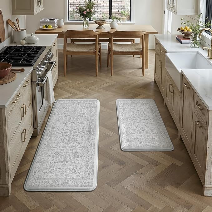 PureCozy Kitchen Mats 2PCS Anti Fatigue Cushioned Mat Gray Vintage Kitchen Mats for Floor Waterproof Non Slip Comfort Standing Grey Retro Floral Rug for Sink Laundry Office 17.3"x47"+17.3"x30"