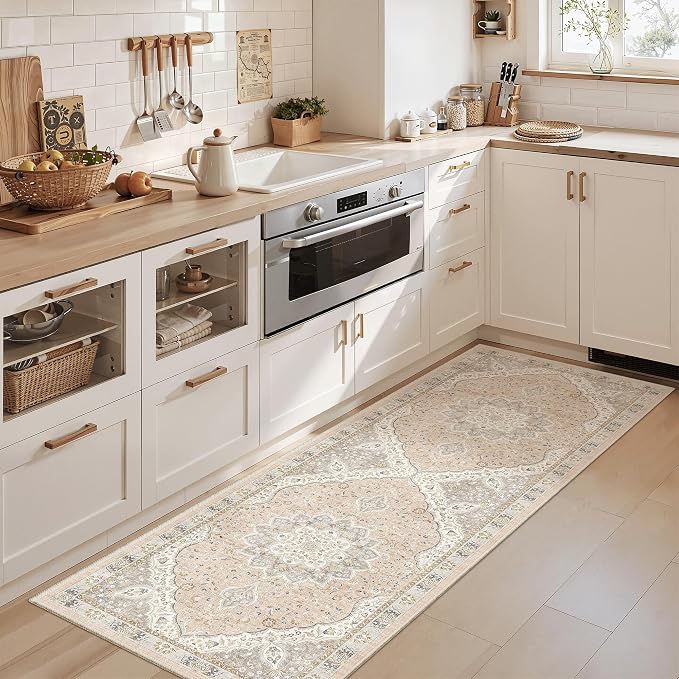 Madane Washable Runner Rug - 2x6 Rug Runners for Hallways 6 Feet Non Slip Vintage Kitchen Runner Rug Ultra-Thin Bathroom Runner Rugs Carpet Laundry Room Bedroom (2x6ft, Pink/Gray)