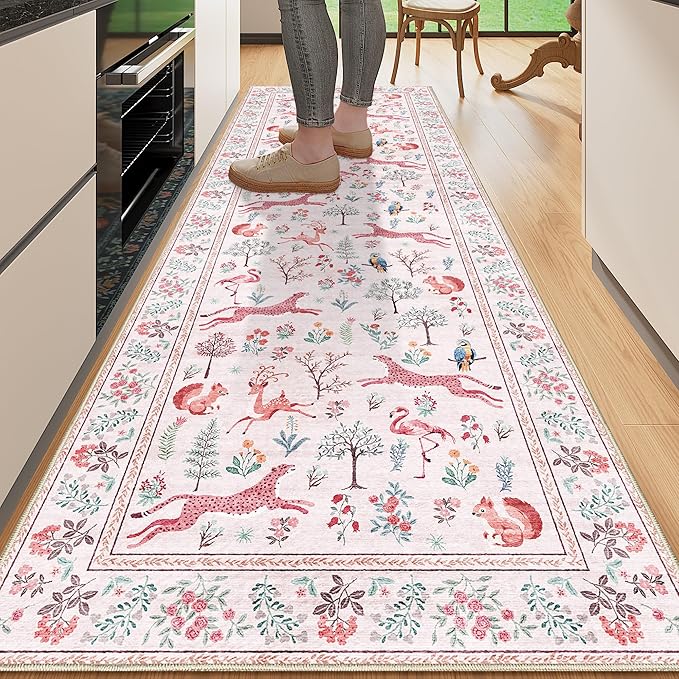 DUKINO 2x10 Rug for Hallway, Washable Kitchen Runner Rug with Non Slip Backing, Soft Low Pile Vintage Animal Runner for Bedroom, Kitchen, Hallway, Entryway, Laundry, Pink