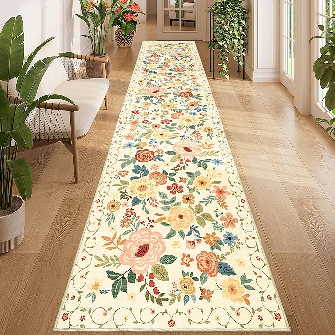 DUKINO 2.6x12 Kitchen Runner Rug, Lightweight Floral Washable Rug for Hallway, Boho Low Pile & Non Slip Backing Soft Floor Carpet for Entryway, Bedroom, Bathroom, Laundry, Beige Yellow