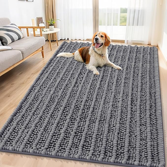 Smiry Dog Door Mat for Muddy Paws 71x46, Absorbent Dirt Trapper, Non-Slip Washable Chenille Entryway Rug for Inside Floor, Dark Grey, Layered Pattern