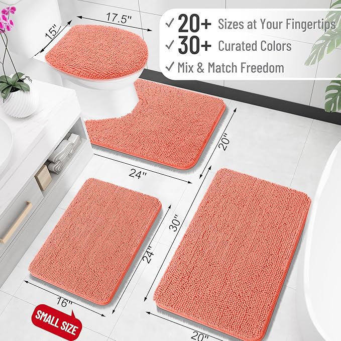 OLANLY Bathroom Rugs 32x20, Extra Soft Absorbent Chenille Bath Rugs, Rubber Backing Quick Dry, Machine Washable Bath Mats for Bathroom Floor, Tub and Shower, Home Decor Accessories, Coral