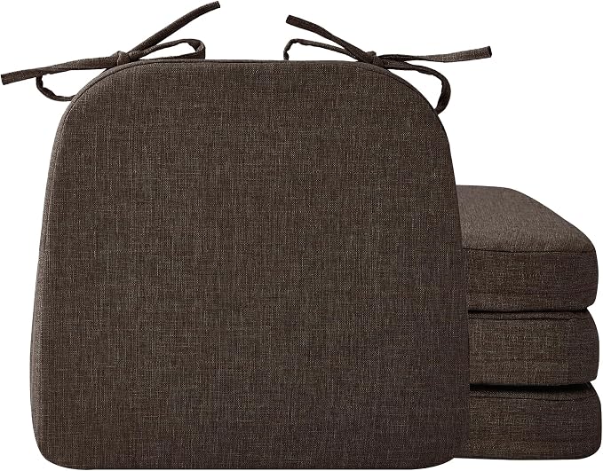 Ruqmuis Chair Cushions for Dining Chairs, 2" Thick Seat Cushions for Kitchen Chairs, D-Shaped Chair Pads with Washable Cover, Ties and Non Slip Backing, 17'' x 16'', Set of 4, Brown