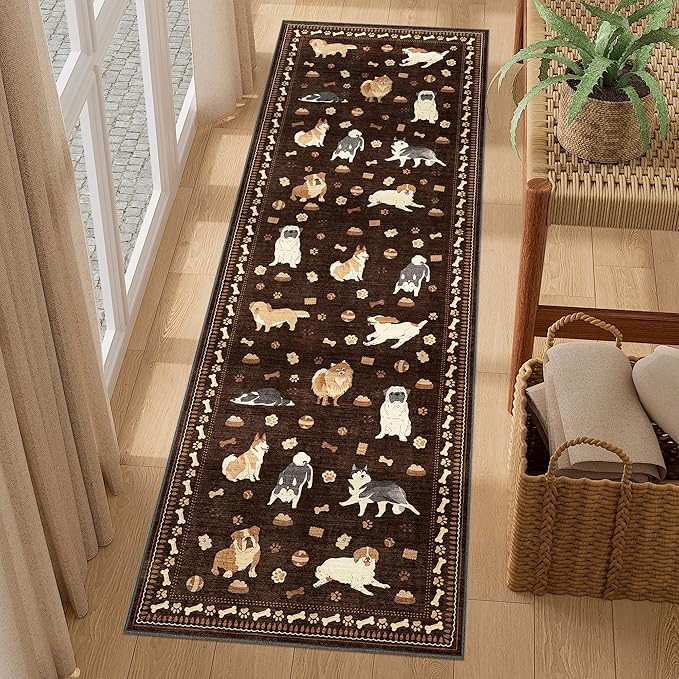 DUKINO 2x6 Washable Runner Rug for Hallway, Non Slip Animal Dog Kitchen Rug with Low Pile Design, Ultra Soft & Stain Resistant Indoor Carpert Runner for Entryway, Bedroom, Laundry, Bathroom, Brown