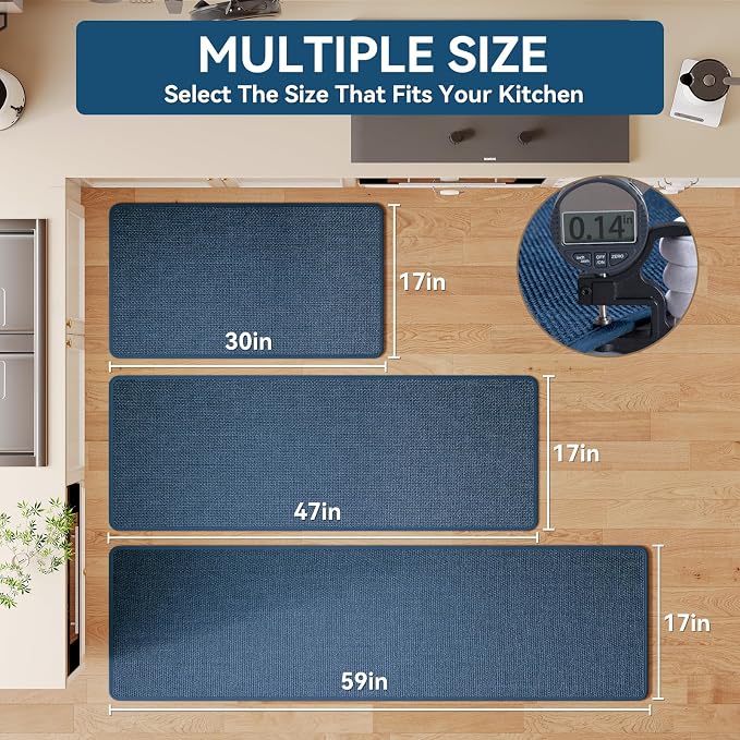 YDKGL Kitchen Mats for Floor, Super Absorbent Kitchen Rugs Non Slip Washable, Soft Imitation Linen Braided Kitchen Runner Rug, Standing Mat Kitchens Sink Mat, Easy to Clean, Blue 17x95