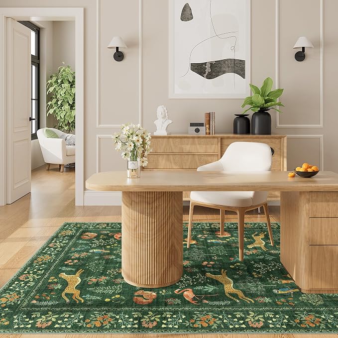 DUKINO 3x5 Rug, Washable Animal Area Rug with Non Slip Vintage Design, Indoor Soft Low Pile Carpet for Bedroom, Nursery, Dining Room, Farmhouse, Playroom, Green