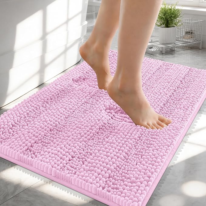 OLANLY Thick Small Bathroom Rugs 24x16, Extra Soft Absorbent Chenille Striped Bath Rugs, Rubber Backing, Machine Wash, Bath Mats for Bathroom Floor, Tub and Shower, Home Decor Accessories, Pink
