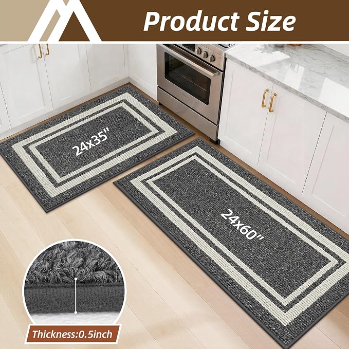 COSY HOMEER Kitchen Rugs Non-Slip 24x35/24x60 Inch Thick Polypropylene Standing Mat for Home Machine Washable, Black Frame