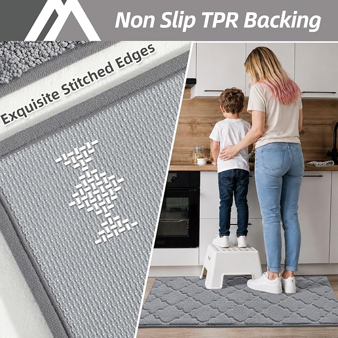 COSY HOMEER Soft Kitchen Floor Mats for in Front of Sink Super Absorbent Rugs and 20"x59" Non-Skid Mat Standing Washable,Polyester,Grey