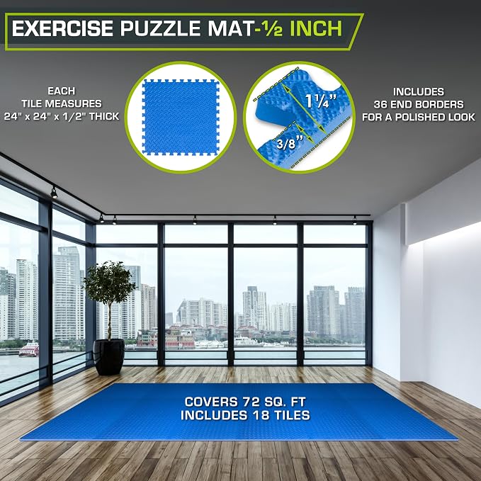 ProsourceFit Exercise Puzzle Mat 1/2-inch, EVA Interlocking Foam Floor Tiles for Home Gym, Workout Equipment, Kids Play Areas, Blue, 72 SQ FT - 18 Tiles