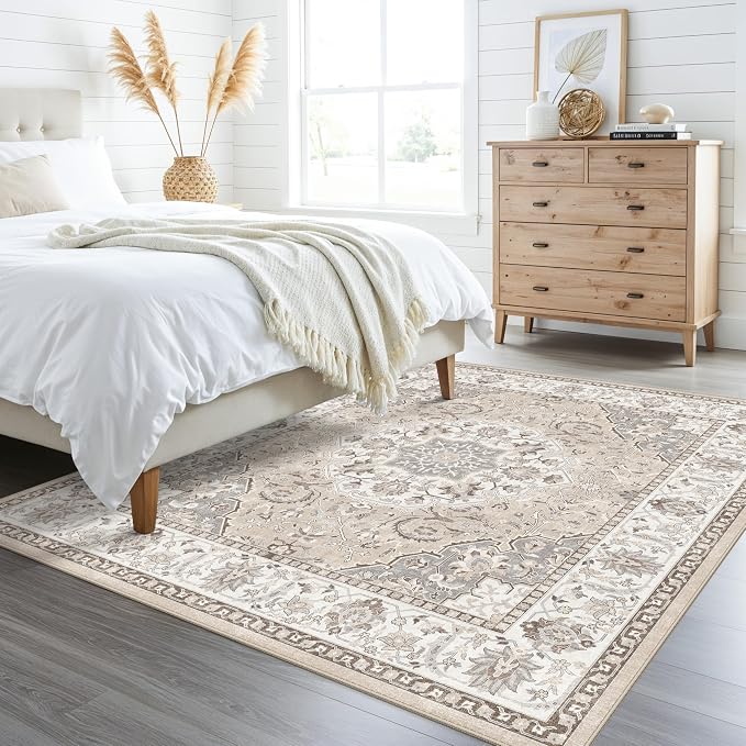 Living Room 8ft Square Area Rug: Machine Washable Large Vintage Soft Rug Stain Resistant Non Slip Floor Carpet for Bedroom Playroom Indoor Farmhouse Home Decor Mat for Office Dining Room(8x8,Beige)