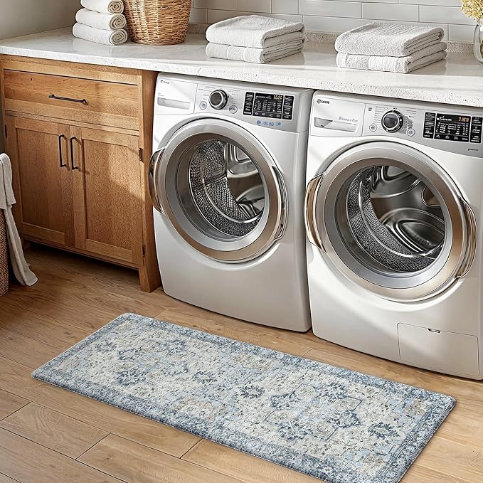 GENIMO Kitchen Mats for Floor 2PCs, Washable Anti Fatigue Mat for Cushioned, 17.3"x47"+17.3"x30", 0.4 inch, Waterproof Kitchen Rug, Non Slip Standing Mat for Home, Runner, Office, Laundry, Light Blue