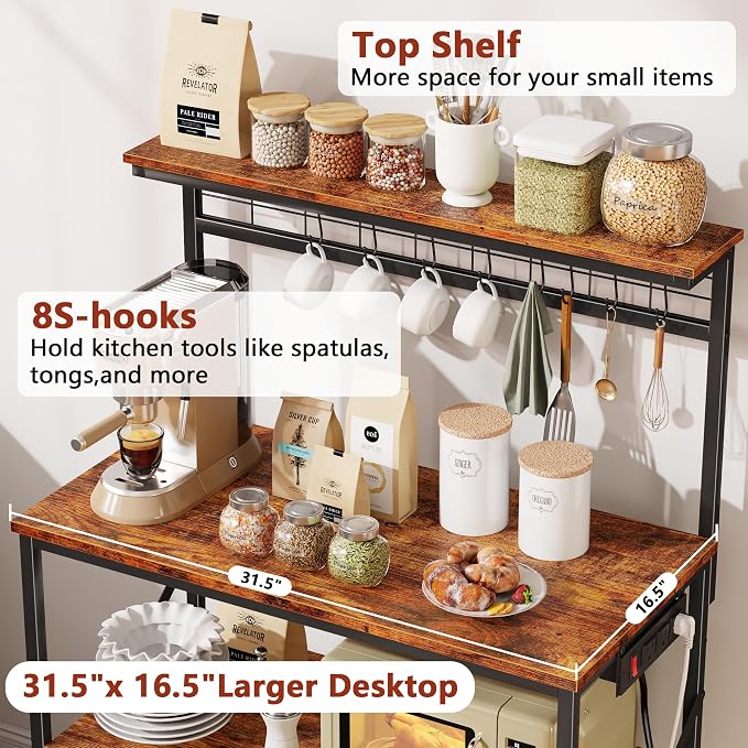 Furologee Kitchen Bakers Rack with Power Outlet,Coffee Stand with Storage 4 Tiers,Coffee Bar Station with a 31.5 Inch Larger Desktop and 8 S Hooks,Kitchen Microwave Rack for Spices,Pots,Rustic Brown