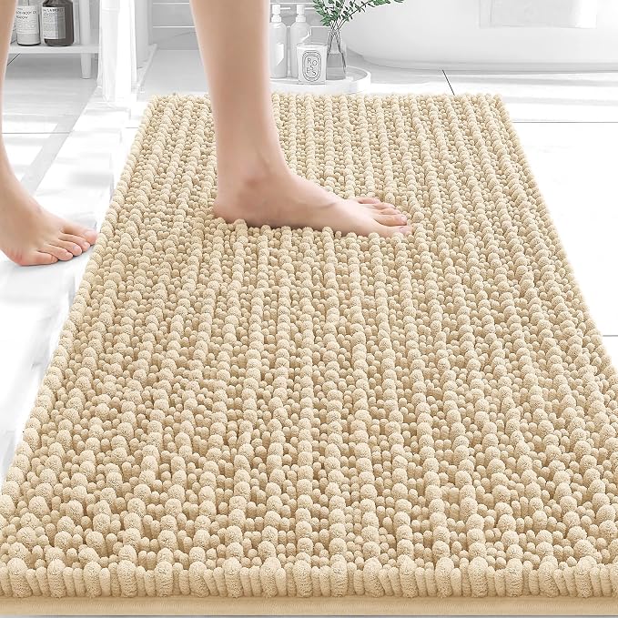 OLANLY Bathroom Rug Mat 34x21, Thick Soft and Absorbent Chenille Bath Mat, Non-Slip Rubber Backing, Machine Washable Quick Dry Bath Rugs for Tub Shower Floor, Home Decor Accessories, Beige