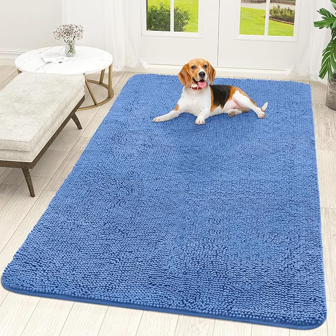 OLANLY Dog Door Mat for Muddy Paws 70x46, Absorbs Moisture and Dirt, Absorbent Non-Slip Washable Doormat, Quick Dry Chenille Mud Mat, Entry Indoor Entryway Carpet for Inside Floor, Cornflower Blue