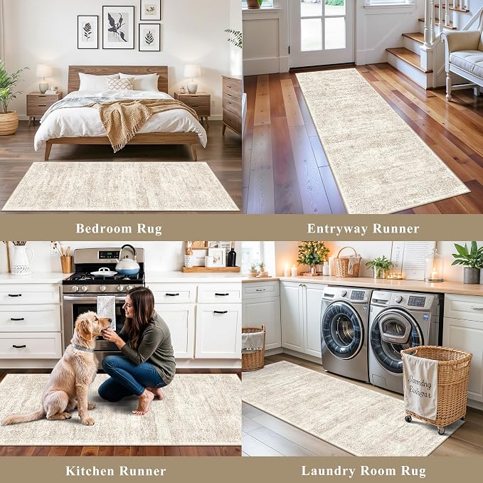 4 Piece Washable Kitchen Rug Set, Non Slip Kitchen Mats for Floor Stain Resistant Waterproof Kitchen Sink Rug Set for Kitchen, Floor, Office(Cream Beige, 2x3+2x4+2x5+2x6)