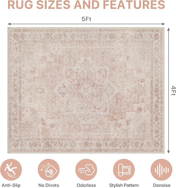 48"x60" Office Chair Mat for Hardwood Tile Floor, Under Desk Carpet Protector for Rolling Computer Chair Mat, Machine Washable Area Rug, Anti-Slip 1/5" Thick Low Pile Thin Vinyl Floor Mat, Light Pink