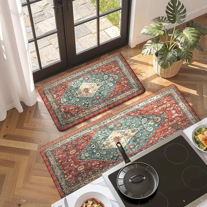 Collive Boho Kitchen Mats 2PCS, Cushioned Kitchen Mat for Floor Anti Fatigue Waterproof Kitchens Rugs Set of 2, Non Skid Comfort Standing Rug for Office, Sink, Laundry, 17.3"x29"+17.3"x47"