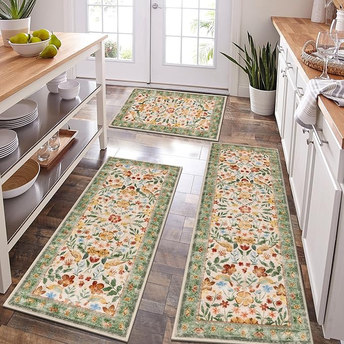 HEBE Boho Kitchen Rugs Sets of 3, Non Slip Washable Kitchen Mats for Floor, Farmhouse Kitchen Carpet Runner Rug Set for Sink, Stove, Laundry Room & Hallway