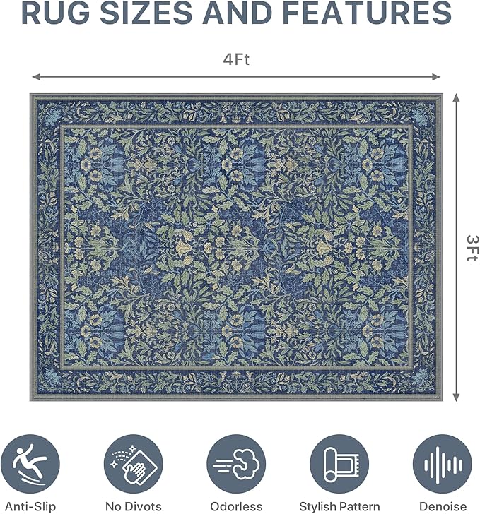 36"x48" Office Chair Mat for Hardwood Tile Floor, Under Desk Carpet Protector for Rolling Computer Chair Mat, Machine Washable Area Rug, Anti-Slip 1/5" Thick Low Pile Thin Vinyl Floor Mat, Dark Blue