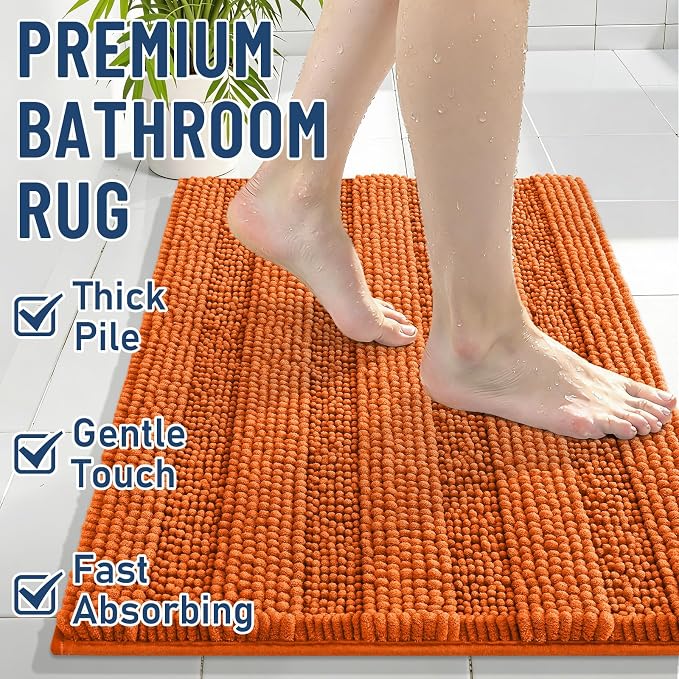 Grandaily Chenille Striped Bathroom Rugs 30x20, Extra Thick and Soft Absorbent Bath Mats, Rubber Backing, Plush Shaggy Shower Carpet, Machine Wash Dry, Bath Rug for Bathroom, Clay