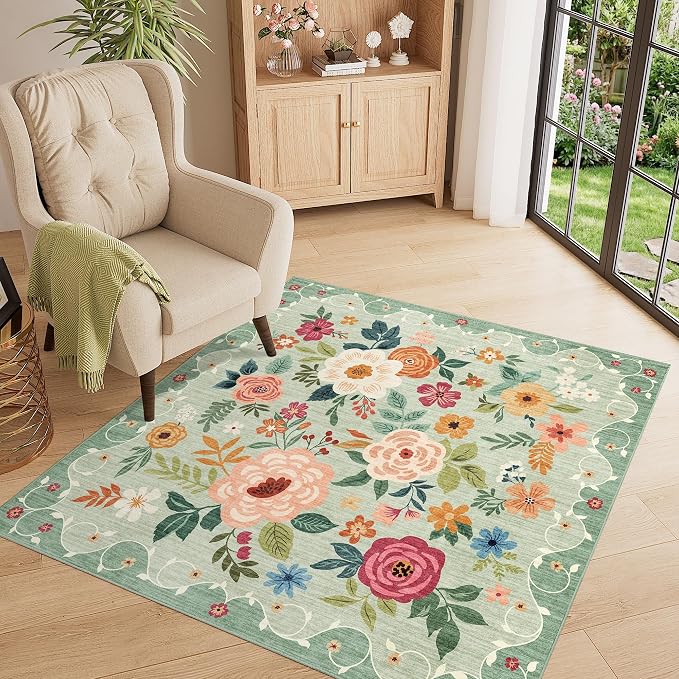 DUKINO 4x4 Square Area Rug, Floral Indoor Floor Washable Entryway Rug with Low Pile Design, Boho Non Slip Thin Doormat Carpet for Kitchen, Bedroom, Living Room, Office, Kids Playroom, Green